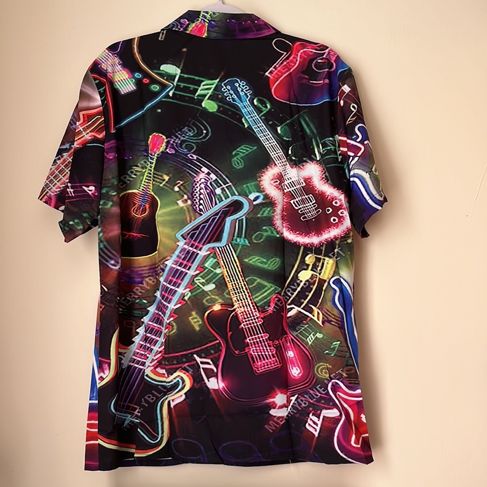 Mens All Over Printed Electrifying Guitar Button Down Short Sleeve Shirt - Picture 2 of 6
